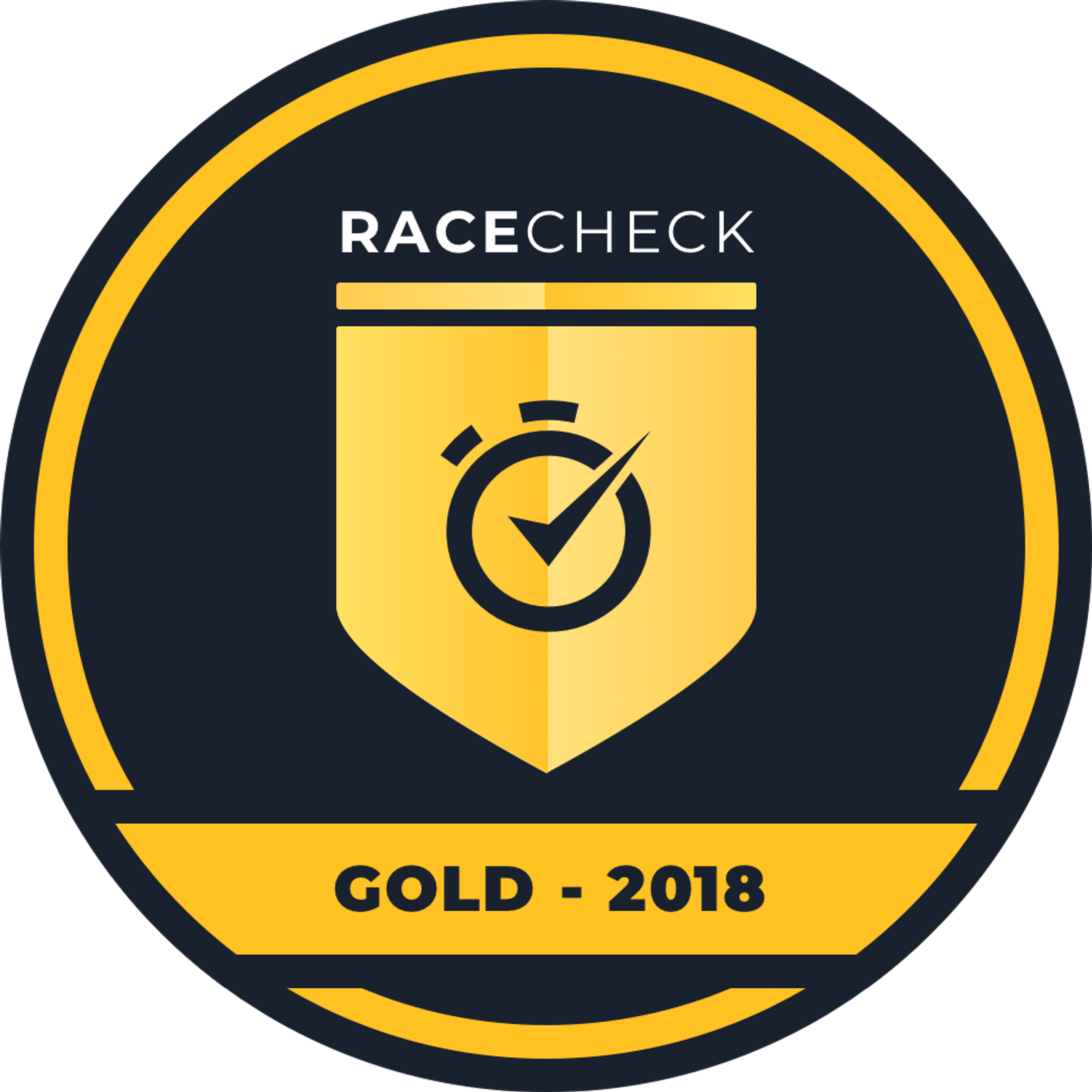 A circular badge with a gold border and a dark blue background. Inside, there is a gold shield with a stopwatch icon and a check mark. The top text reads "RACECHECK" and the bottom text reads "GOLD - 2018.