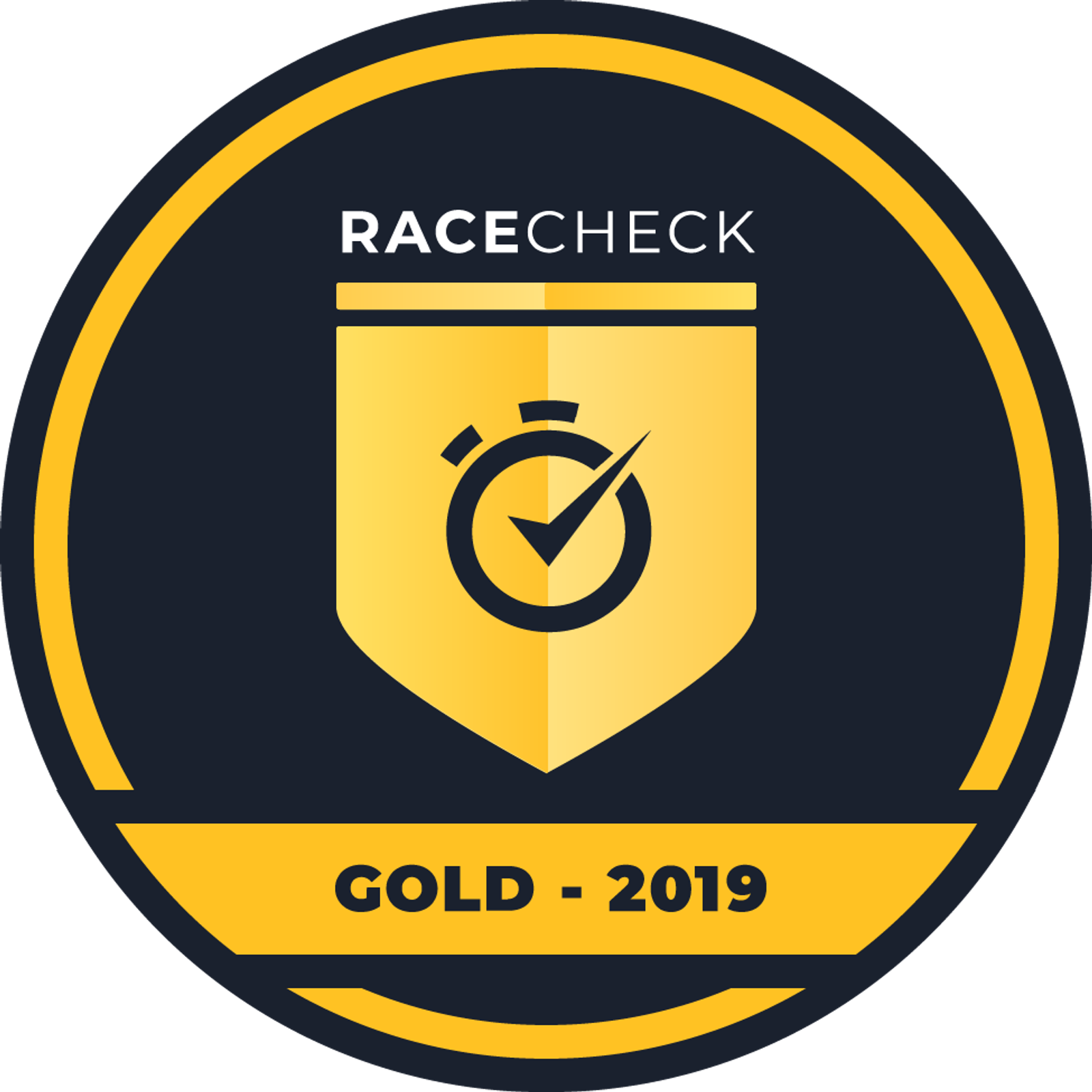 A circular badge features a gold shield with a stopwatch icon in the center. Above the shield, the text "RACECHECK" is displayed. Beneath the shield, a yellow banner reads "GOLD - 2019." The badge border and text are in yellow on a dark background.