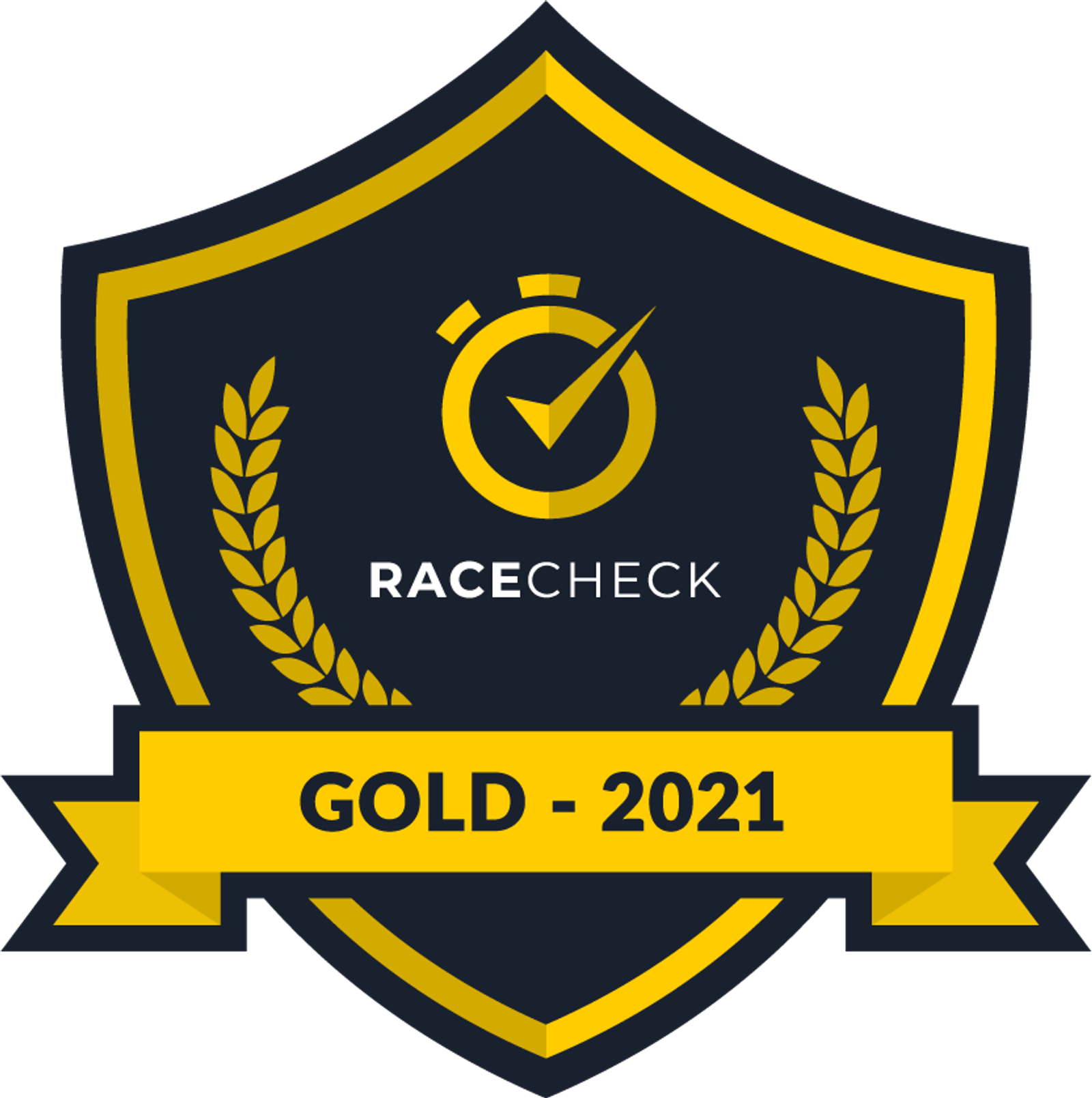 A dark shield badge with gold edges and laurel decorations on both sides. In the center, a stopwatch icon above the word "RACECHECK." Below, a golden ribbon with the text "GOLD - 2021.