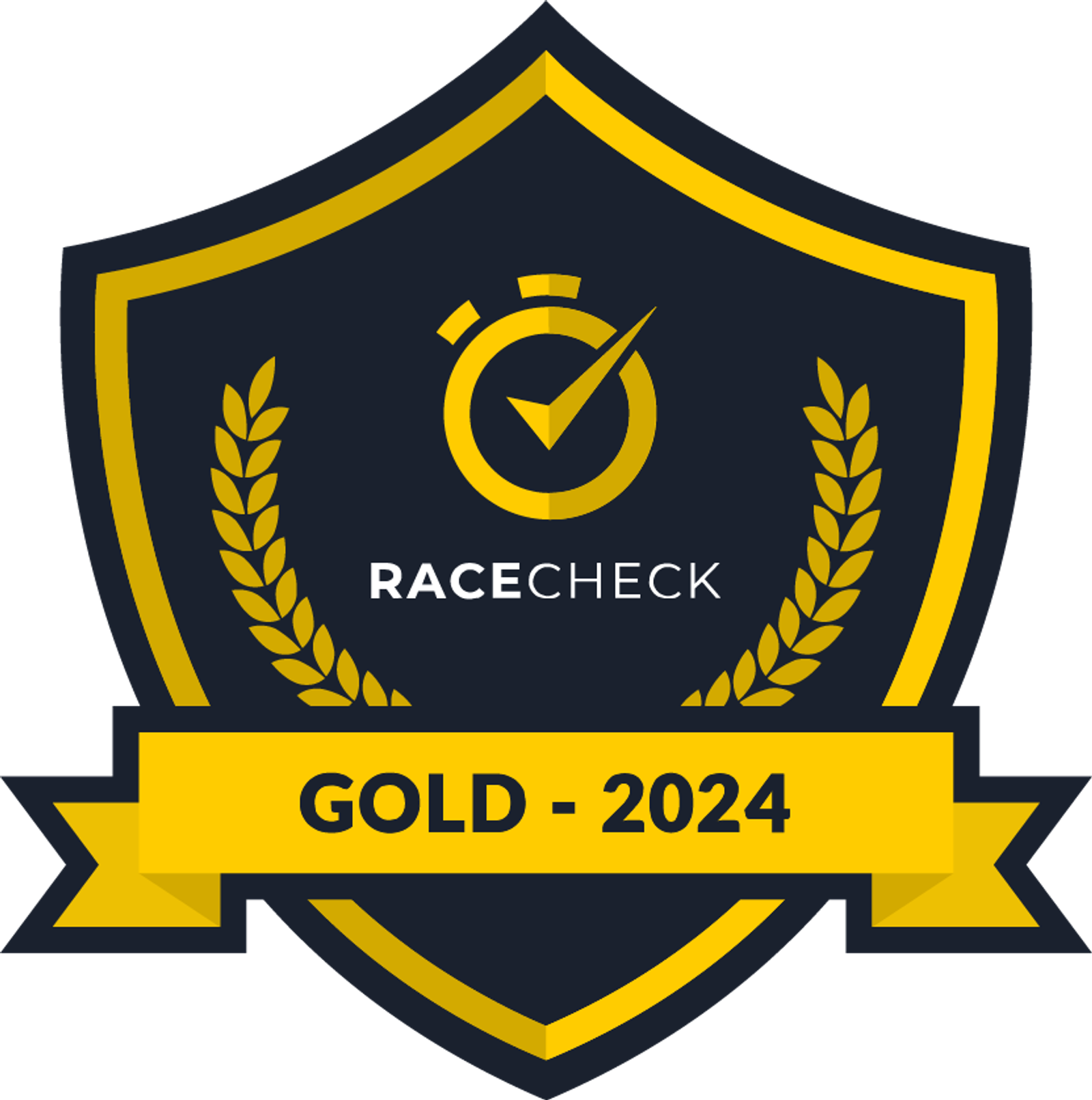 A black and gold shield-shaped badge displaying a stopwatch icon and the text "RaceCheck" in the center. Surrounding the icon are two gold laurel branches. Below is a gold banner with the inscription "Gold - 2024.
