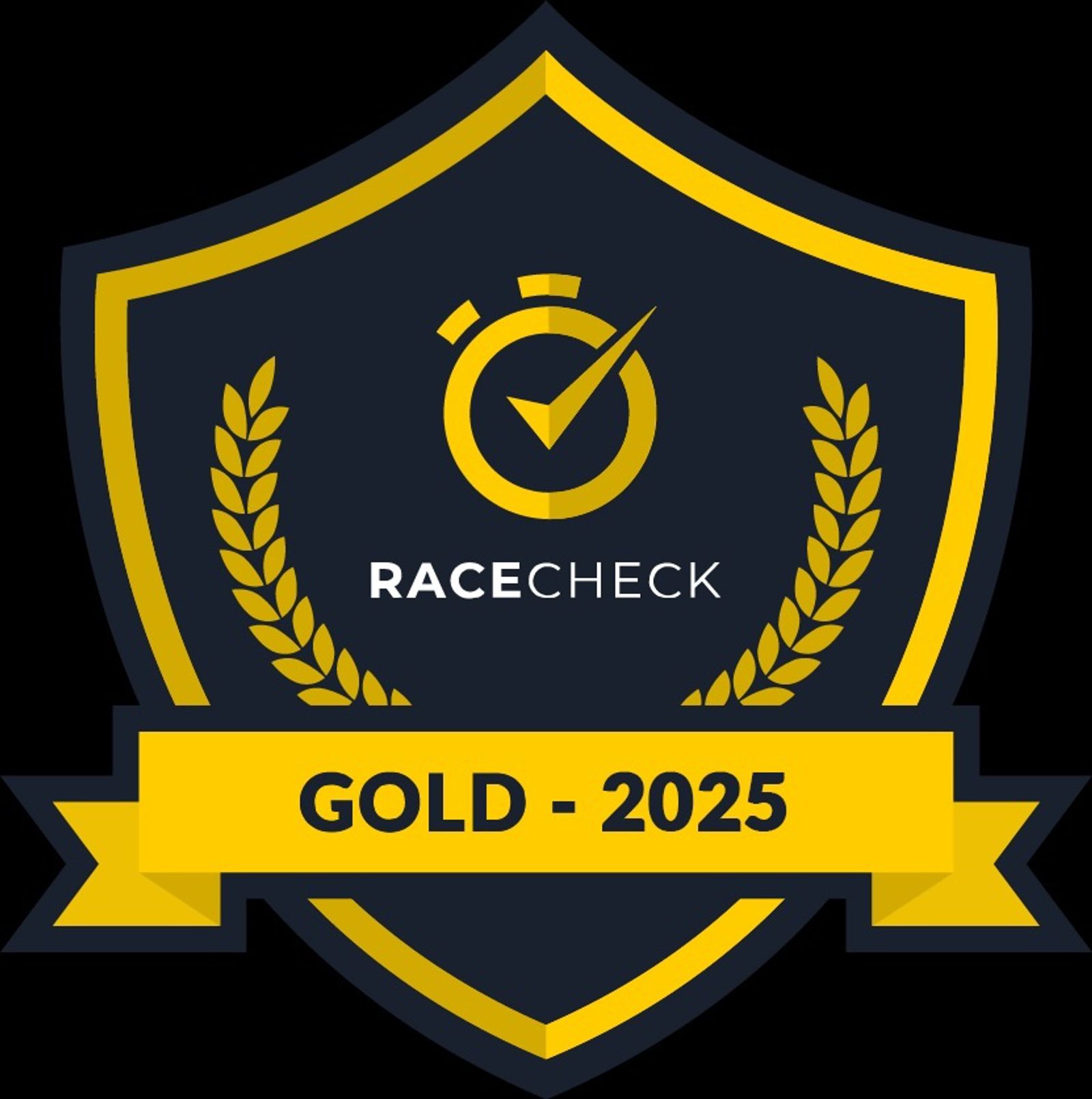 A gold and navy badge with a stopwatch, laurel wreaths, and the text "RACECHECK" above a gold ribbon that reads "GOLD - 2025".