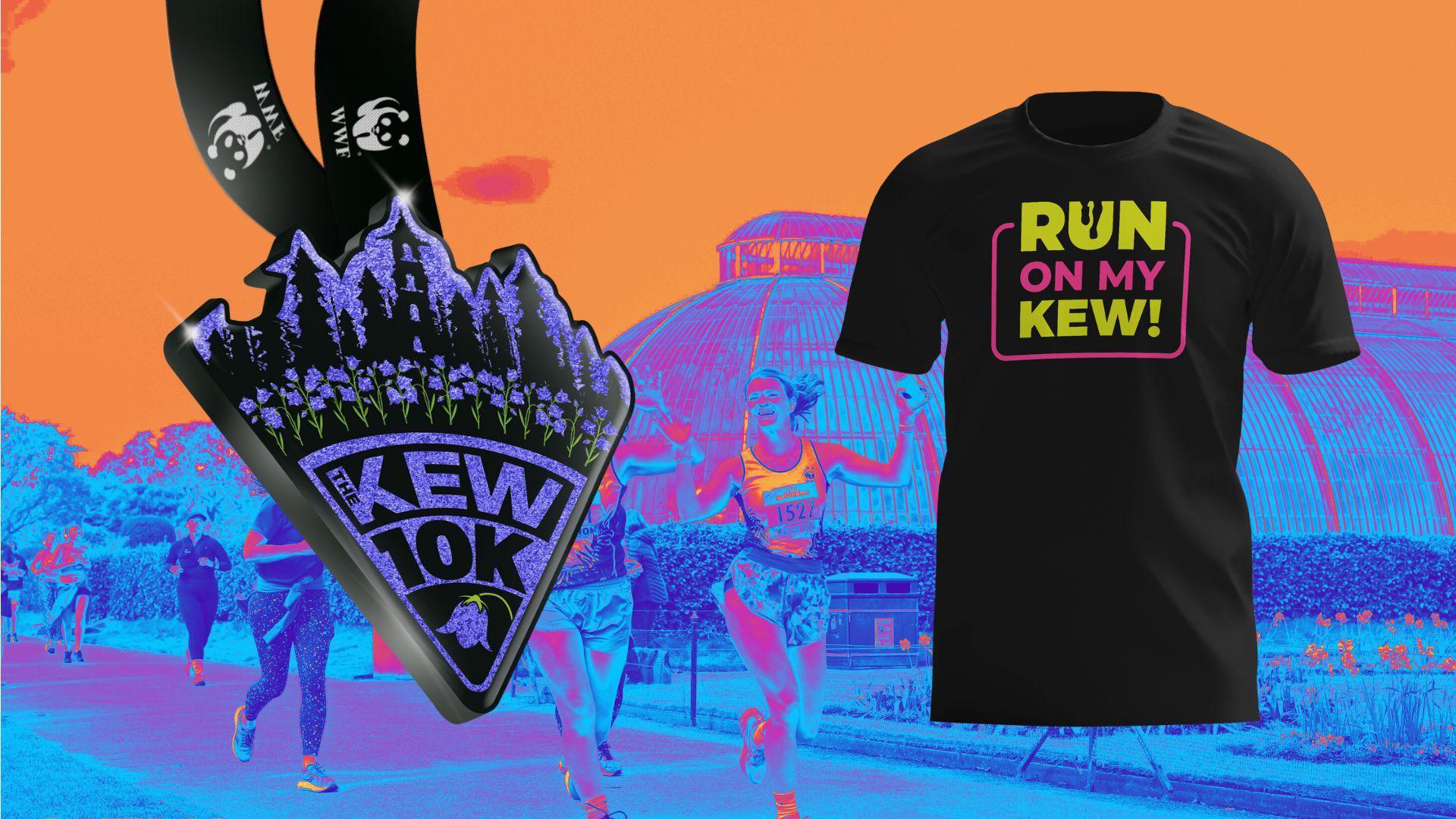 A vibrant, surreal image featuring a "Kew 10K" medal with a silhouette design, a black "Run on My Kew!" t-shirt, and runners against an orange sky and a digitally altered blue-toned background of Kew Gardens.