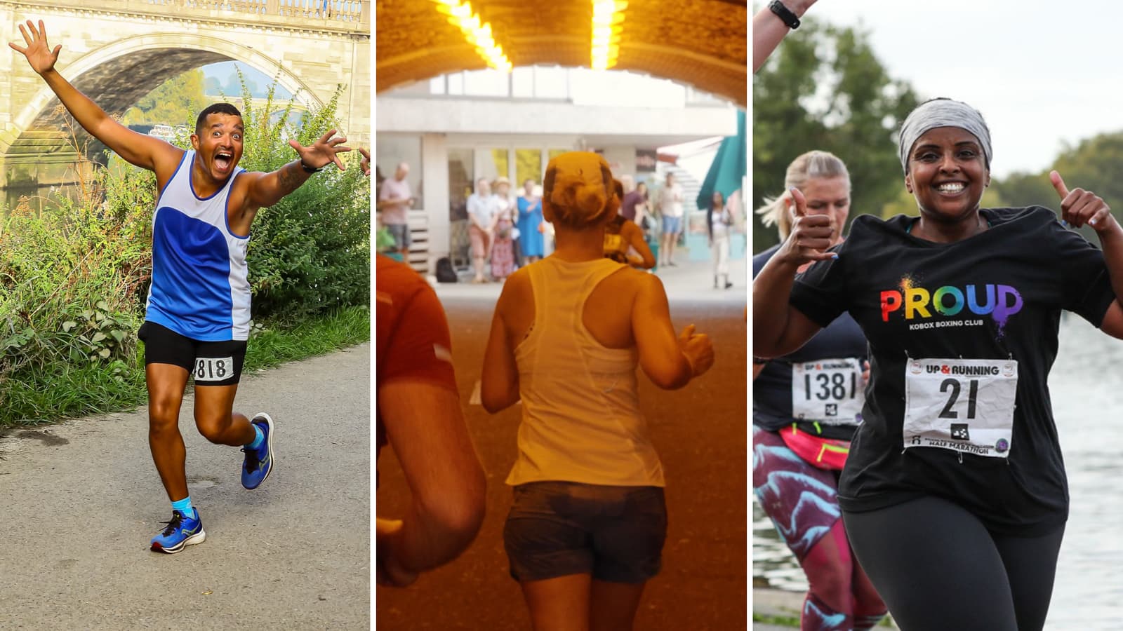 A collage of three images shows diverse individuals joyfully participating in a running event. The first image depicts a man in a blue and white tank top with arms raised in excitement. The second image captures runners from behind, entering an underpass. The third image features a smiling woman wearing a "Proud" shirt, giving a thumbs-up while running beside a river.