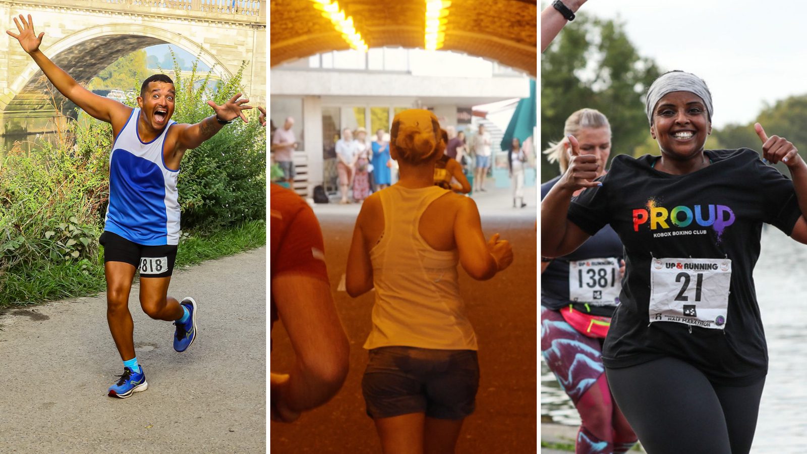 A triptych of runners in different settings: A man joyfully waving mid-run near a bridge, two runners from behind under an illuminated tunnel, and a smiling woman giving a thumbs up while running by a body of water wearing a 'PROUD' shirt.