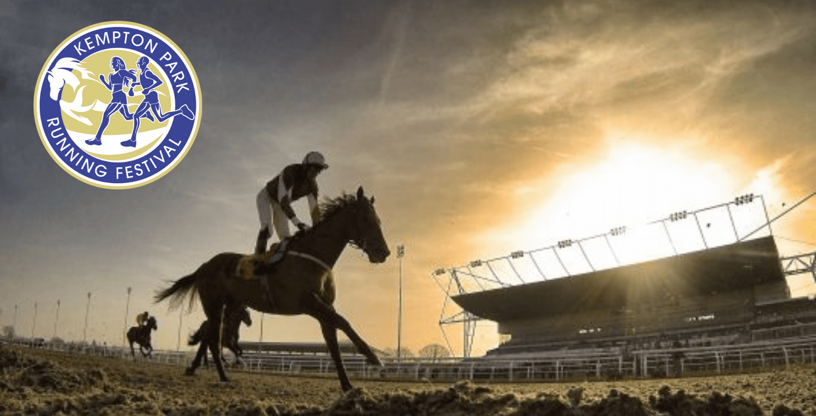 A jockey riding a horse on a racetrack at sunset with the Kempton Park Running Festival logo on the top left corner. The sky is vibrant with the warm hues of the setting sun, and the stadium and racecourse facilities can be seen in silhouette.