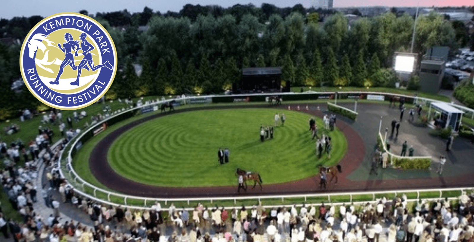 A vibrant scene at Kempton Park Running Festival shows a bustling racetrack with crowds gathered around the paddock. Several horses with their handlers are visible on the green center track, while spectators watch eagerly from the surrounding areas. The event logo is in the top left.