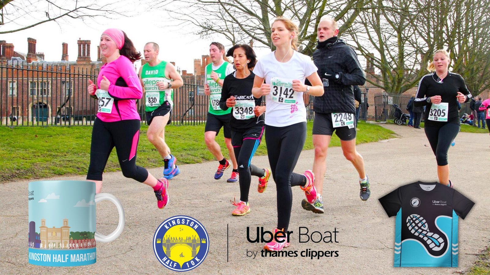 Runners participating in a half marathon on a park pathway, wearing numbered bibs and athletic gear. In the foreground, images of a commemorative mug, a round badge, and a themed running shirt are overlaid, with the text "Uber Boat by Thames Clippers".