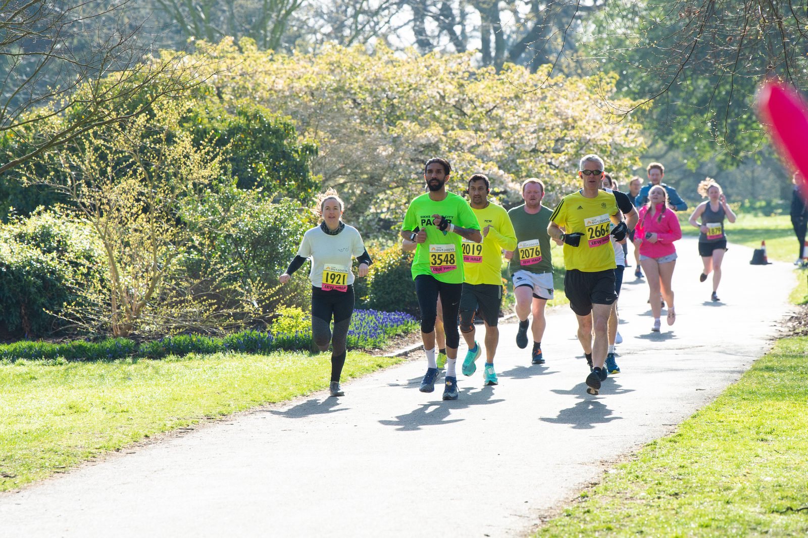 A group of runners participating in a race on a sunny day are on a paved path in a park. They are wearing numbered bibs; some wear bright yellow shirts. Greenery and blooming trees surround them, and a few spectators can be seen in the background.