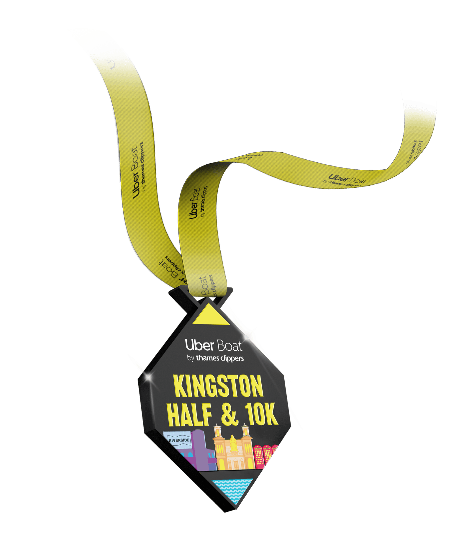 A diamond-shaped medal with "Uber Boat by Thames Clippers" at the top and "Kingston Half & 10K" in large text. The bottom features colorful illustrations of buildings and a boat. The medal hangs from a yellow ribbon with repeated sponsor branding.