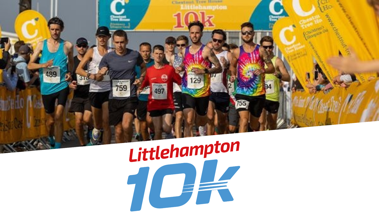 Runners at the starting line of the Littlehampton 10k race, with participants wearing a variety of colorful athletic outfits. A large banner with "10k" is visible in the background.