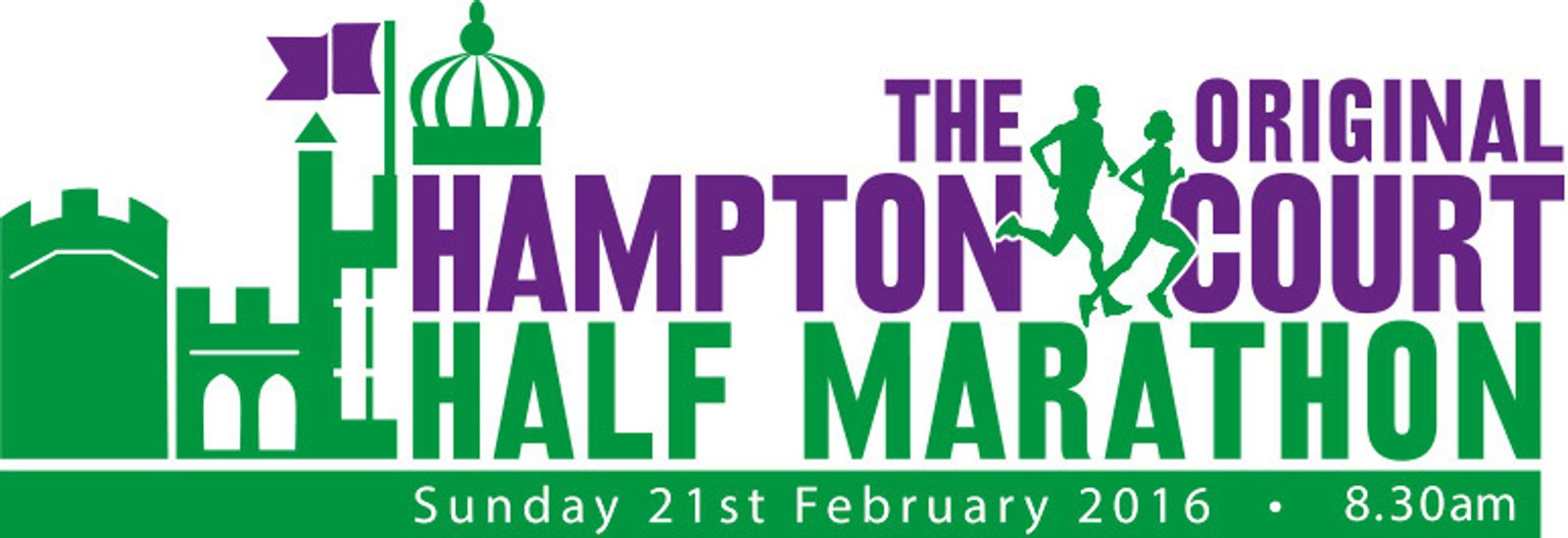 A green and purple logo for the Hampton Court Half Marathon, featuring castle turrets, running figures, and text detailing the event date and time: Sunday, 21st February 2016, at 8:30 am.