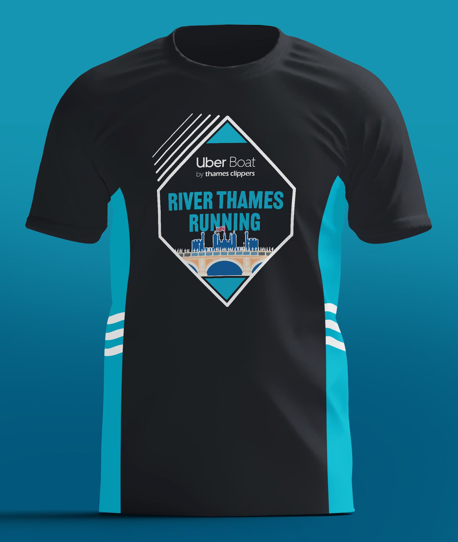 A black and blue running t-shirt with the words "Uber Boat by Thames Clippers" and "River Thames Running" on the front, featuring a geometric design with a bridge and city skyline illustration.