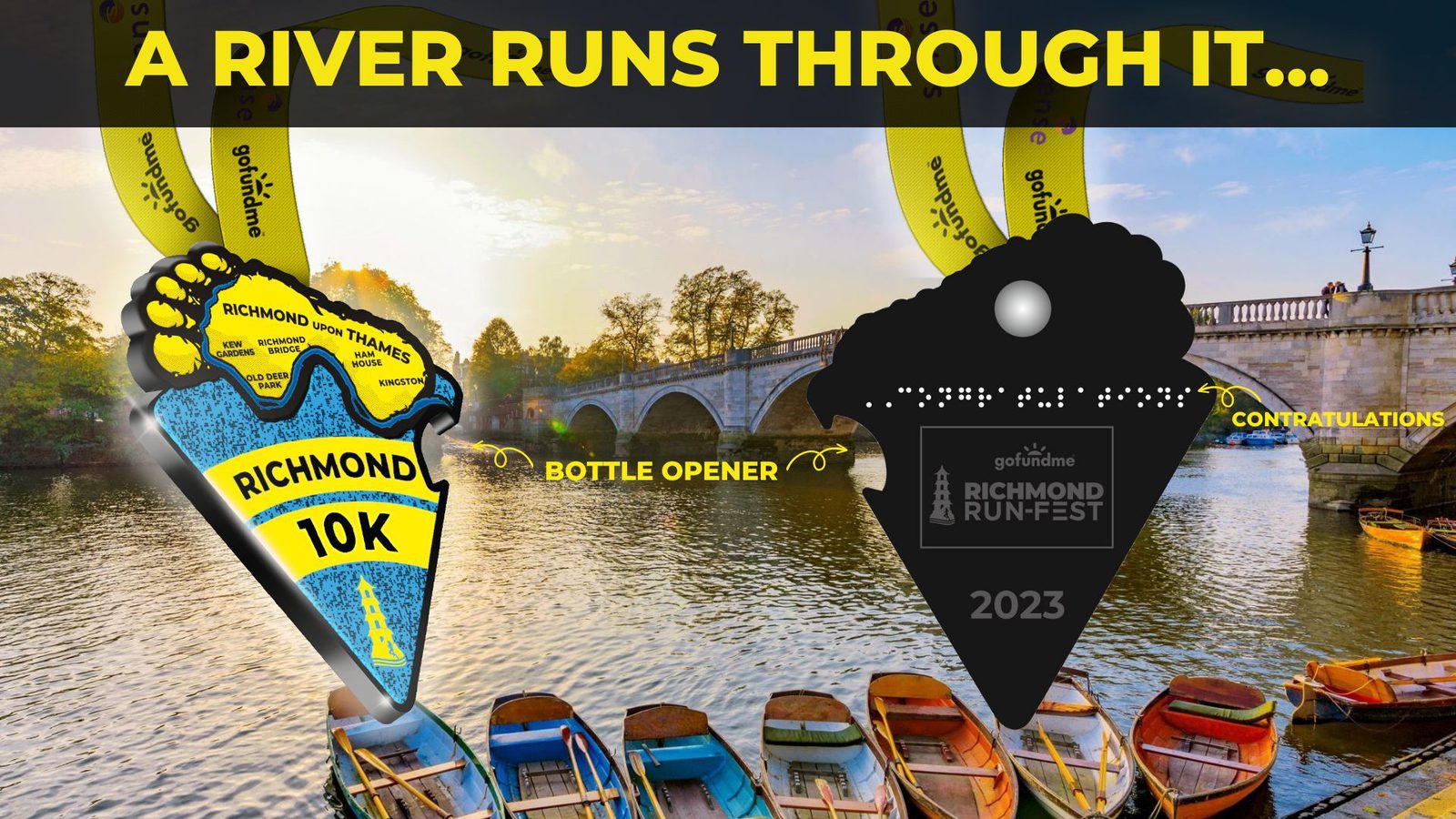 An image promoting the "Richmond 10K" run. The foreground shows several boats on a river with a historic stone bridge in the background. Overlaying the image are large medals featuring a cut-out bottle opener and the text "A River Runs Through It...".
