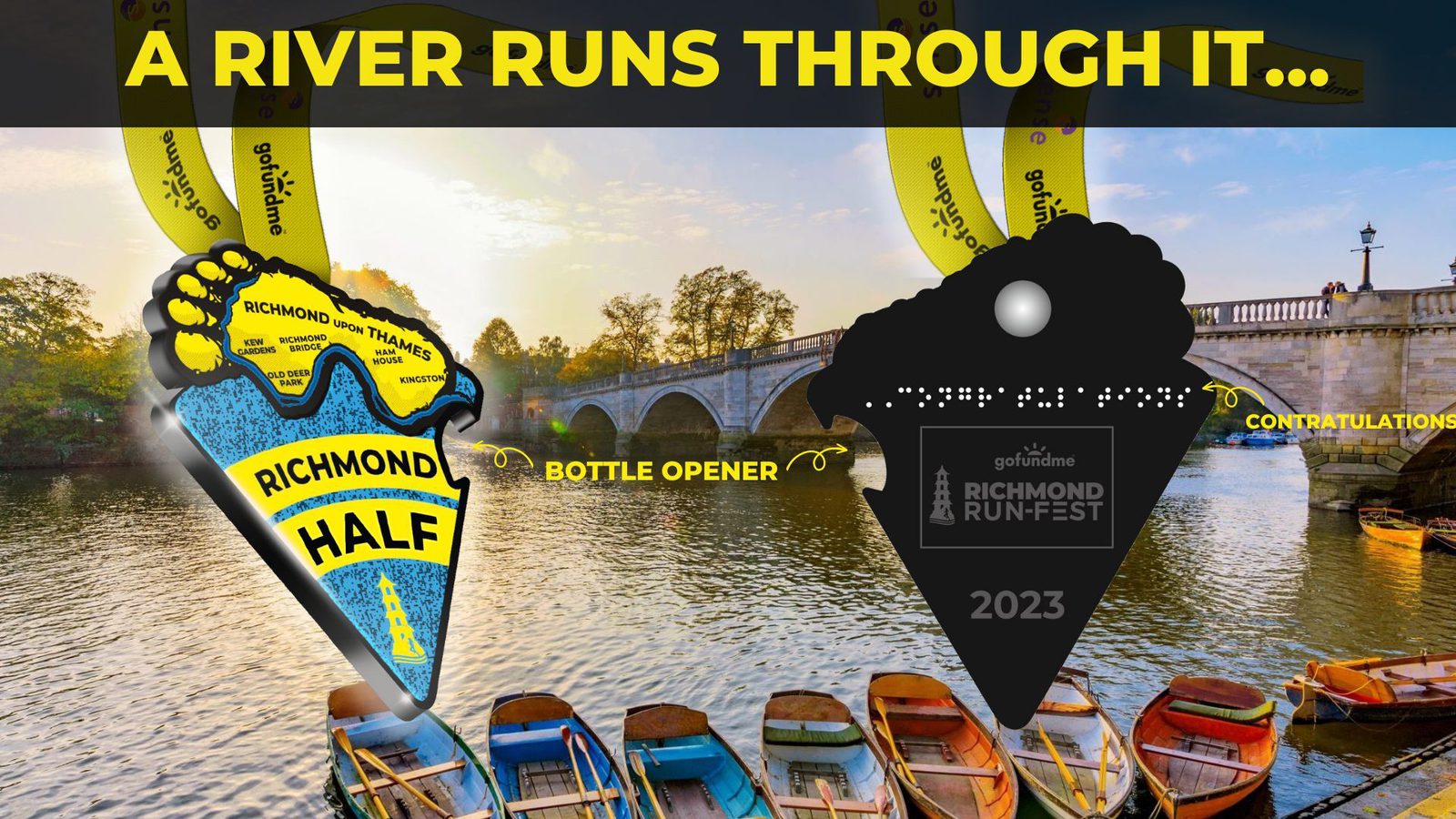 A vibrant image featuring two race medals for Richmond RunFest against the scenic backdrop of a river with arched bridges and colorful rowboats. The large text “A RIVER RUNS THROUGH IT...” is at the top of the image. The left medal reads "Richmond Half" and the right medal reads "Richmond Run-Fest 2023.