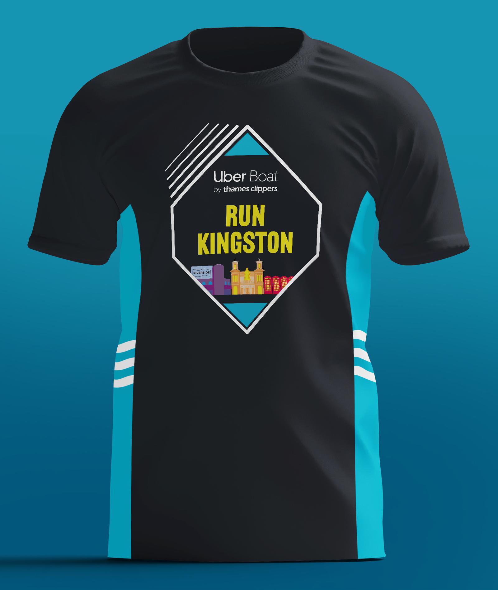 Black and teal athletic shirt with "Run Kingston" logo on the front. The design features a stylized cityscape and the text "Uber Boat by Thames Clippers.