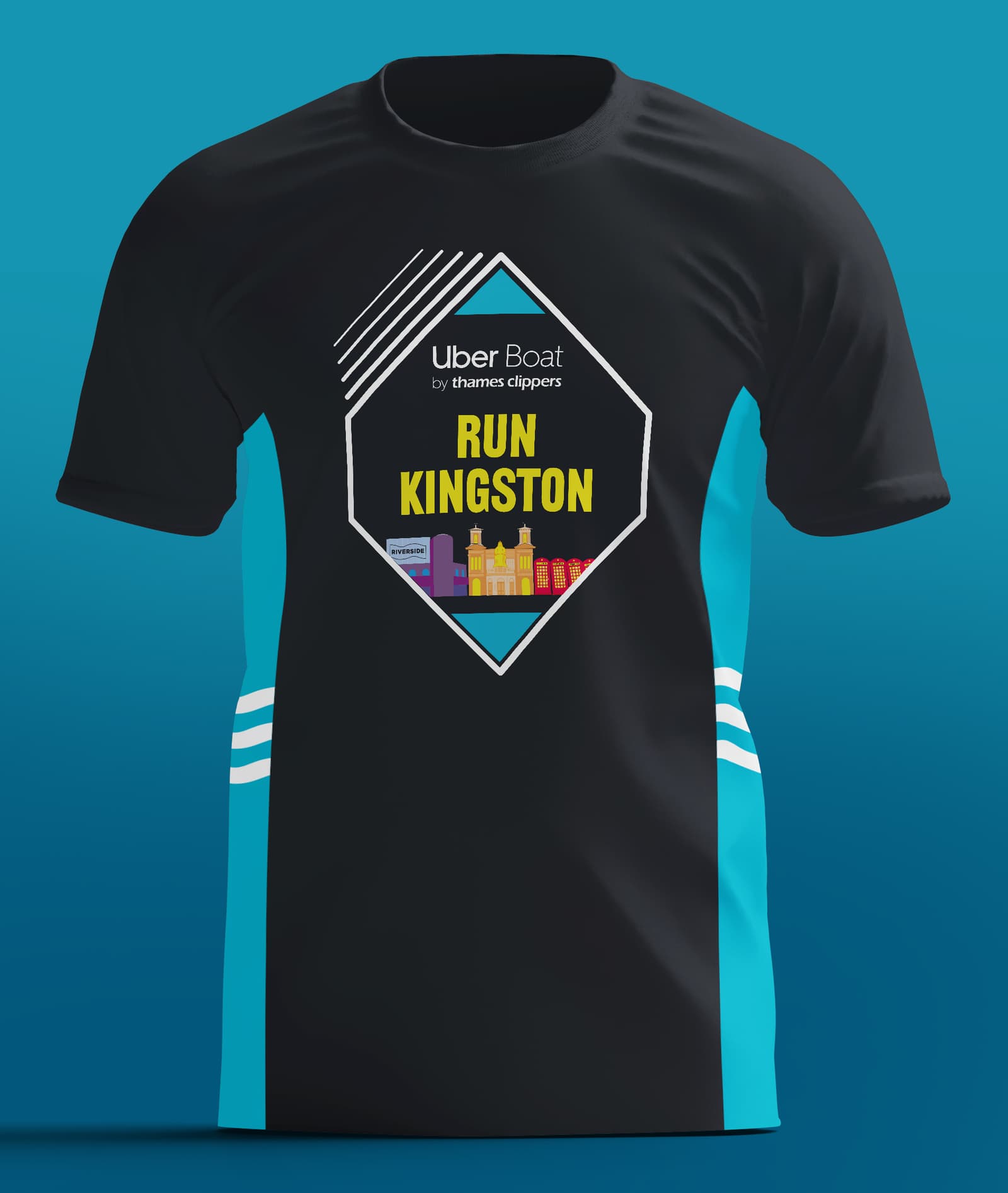 Black and teal t-shirt with white stripes on the sides. The front features a hexagonal logo, reading "Uber Boat by Thames Clippers," with "RUN KINGSTON" in bold yellow. Colorful buildings are illustrated under the text.