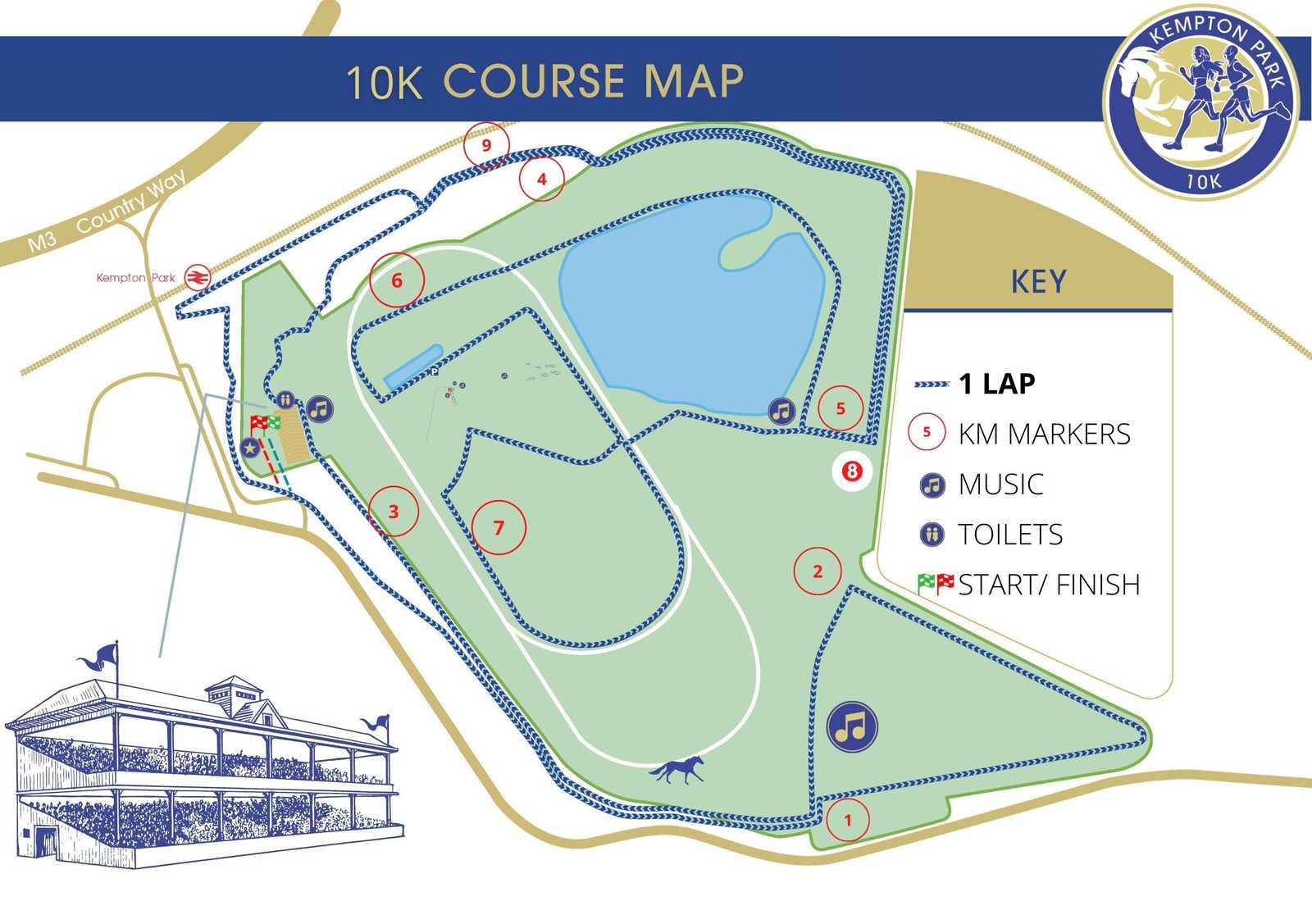 Map of the Kempton Park 10K course. It features a loop through the park with numbered markers. Icons indicate kilometer markers, music spots, toilets, and the start/finish point. The route includes paths around a lake and various park areas.