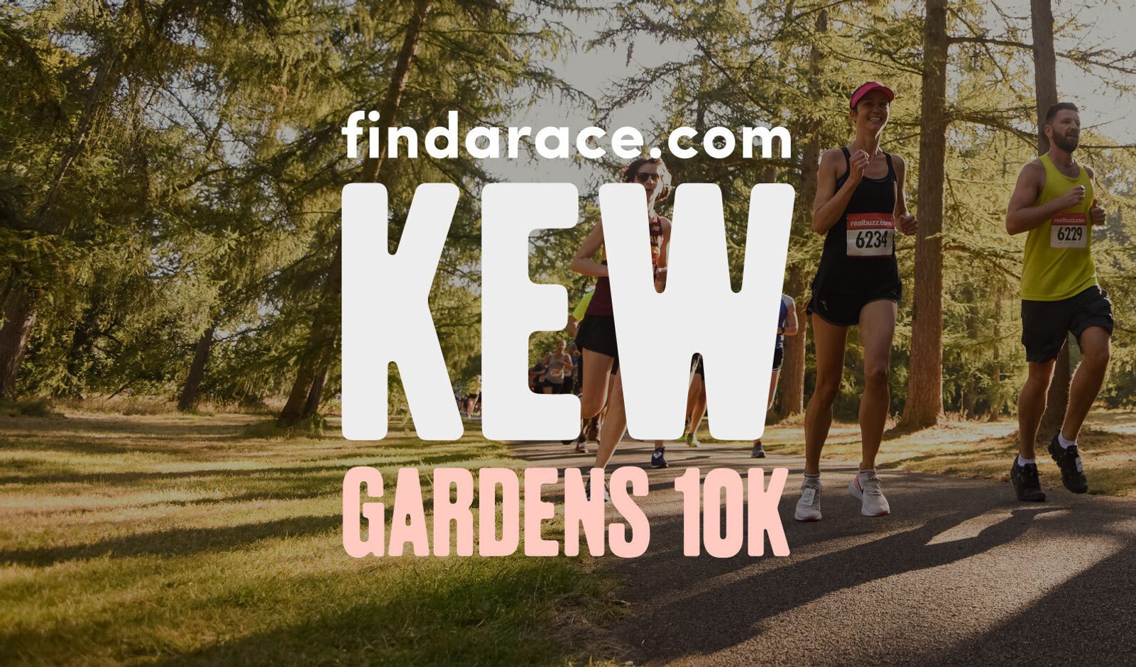 Image shows a group of runners participating in the Kew Gardens 10K race, organized by findarace.com. The participants are running on a paved path surrounded by lush trees and green grass on a sunny day. The photo captures the energy and enthusiasm of the race.