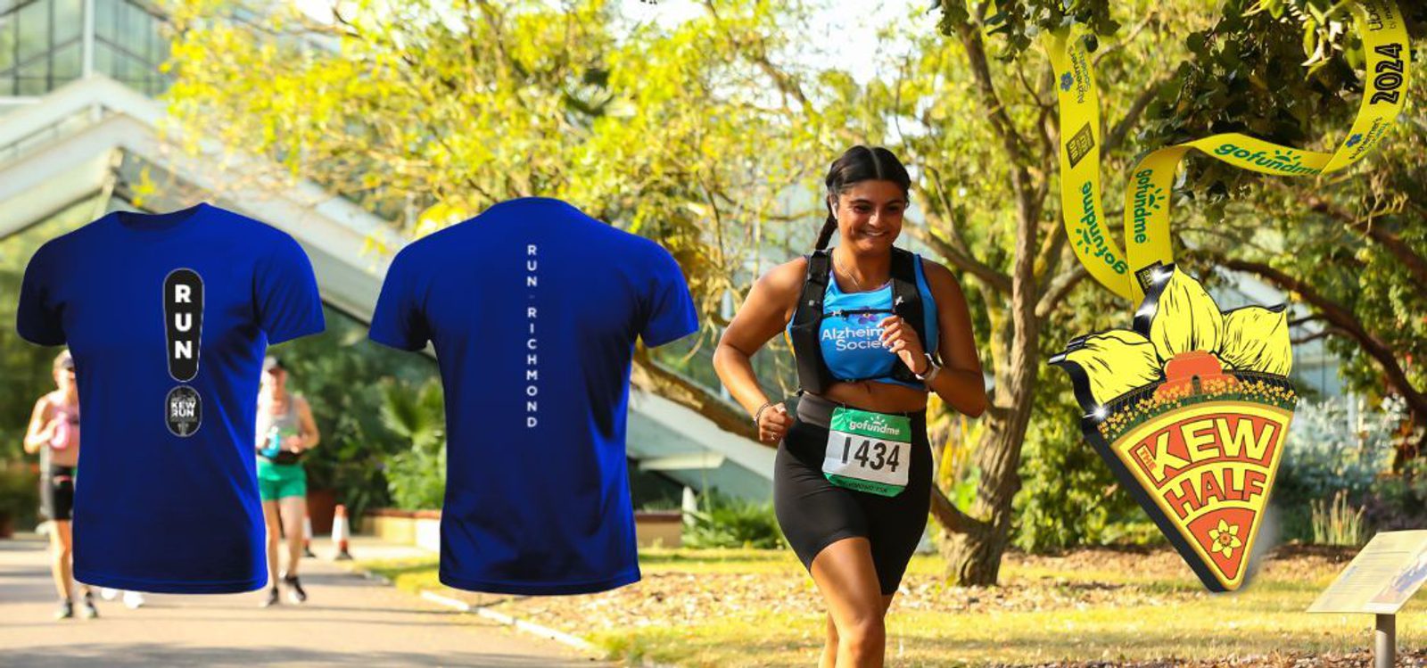 A female runner, wearing black shorts and a blue tank top with bib number 1434, runs in a park. Two blue race T-shirts with "Run Kew" and "Run Richmond" on them are displayed to the left. A large medal design with "Kew Half" and the event's date is on the right side.