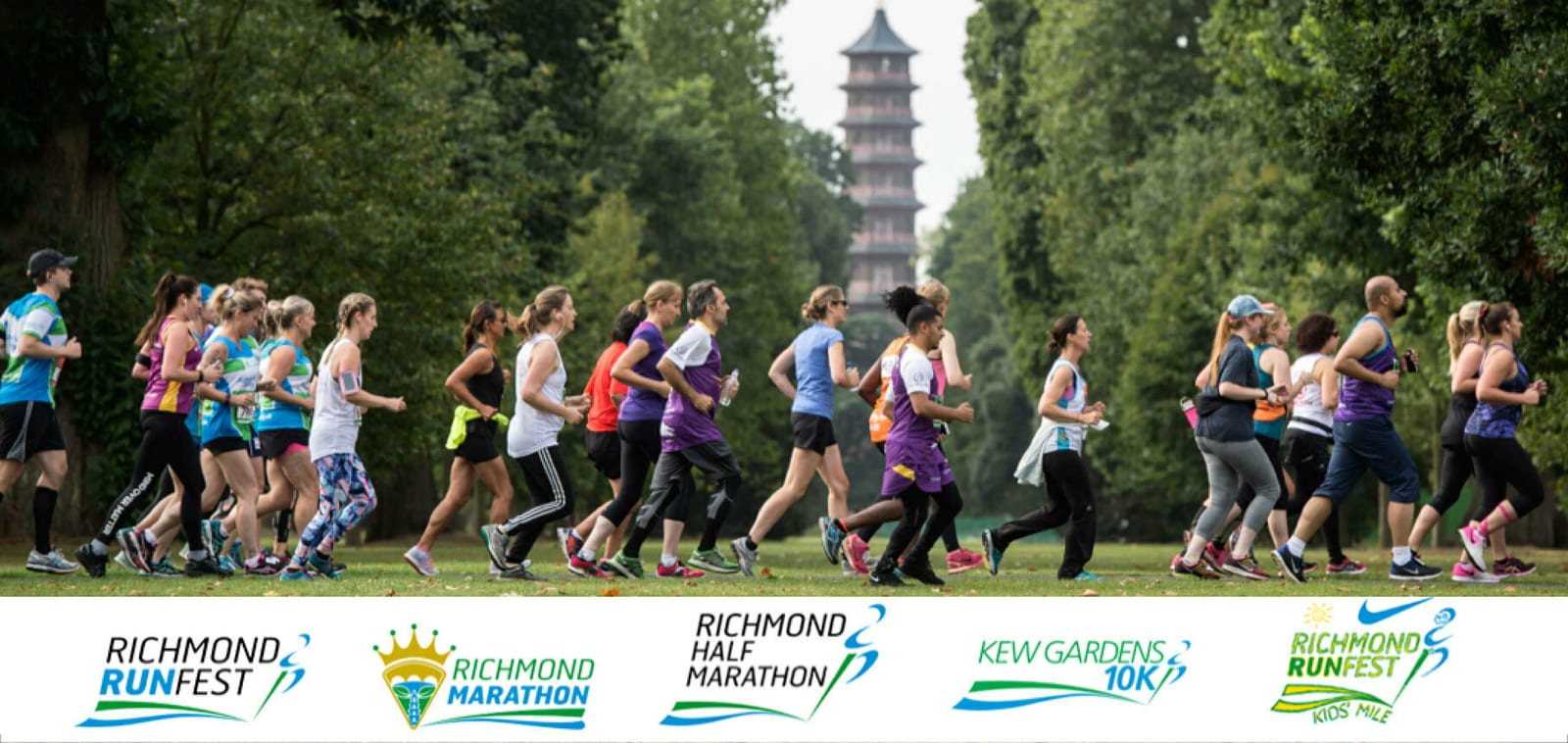 A group of runners jogging in a park during a race, with green trees lining the path and a pagoda in the background. Below the image, there are logos for Richmond Runfest, Richmond Marathon, Richmond Half Marathon, Kew Gardens 10K, and Richmond Runfest Kids Mile.