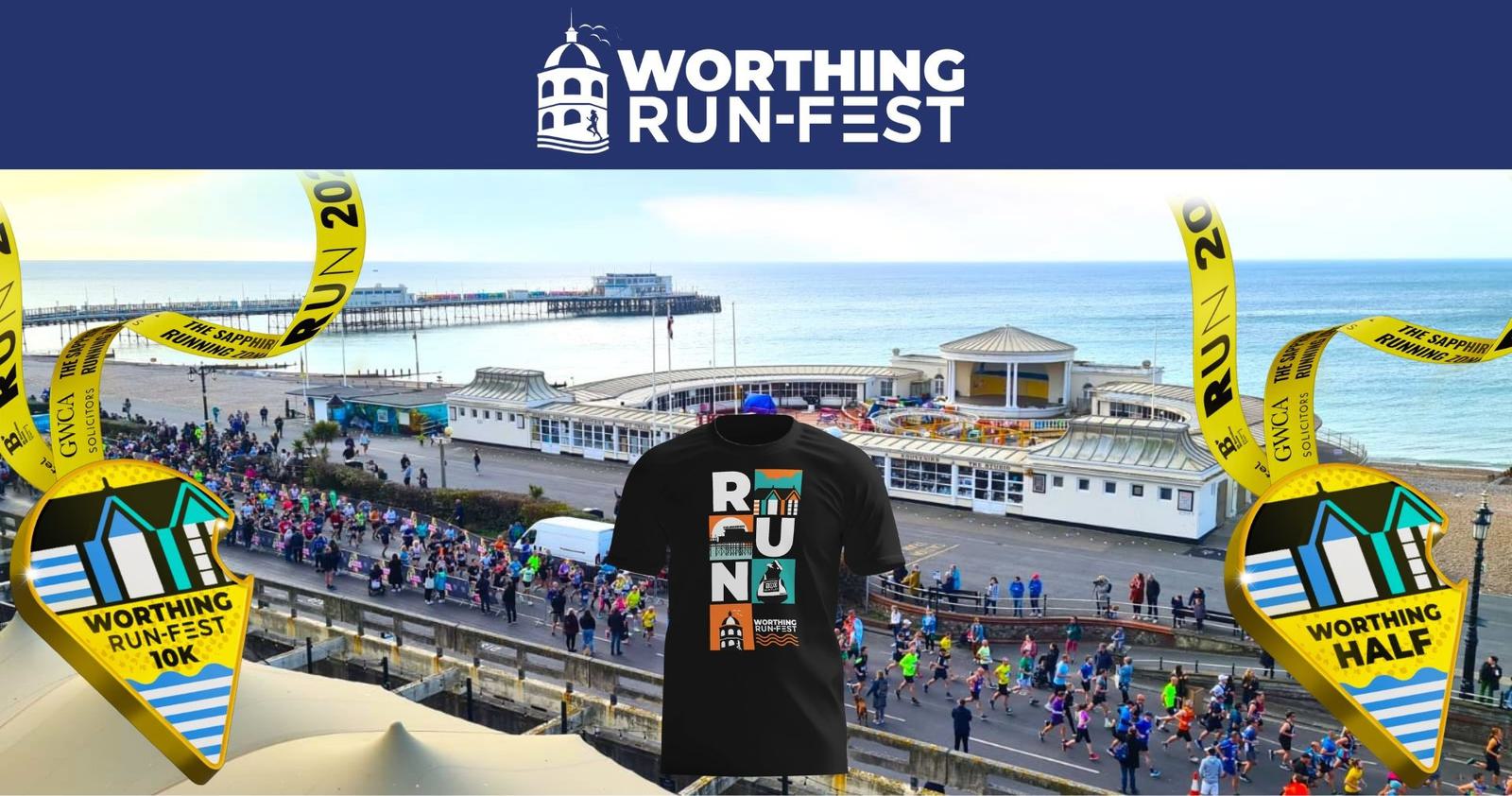 A scenic view of the Worthing beachfront featuring the pier and a crowd of runners. Yellow banners say "Run 10K" and "Run Half." A black T-shirt with a "RUN" graphic is in the foreground. The sky is clear and the sea is calm.