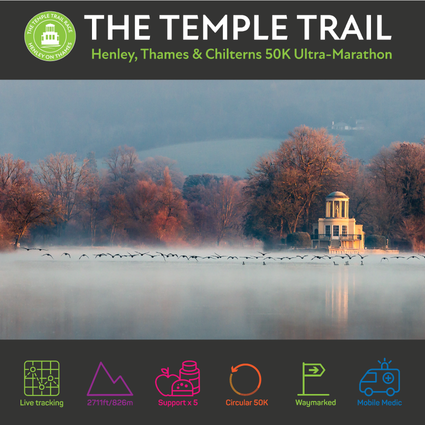 A promotional image for "The Temple Trail: Henley, Thames & Chilterns 50K Ultra-Marathon" featuring a misty landscape with trees and a small temple in the distance. The bottom includes icons for live tracking, elevation, support, circular route, waymarked path, and mobile medic.