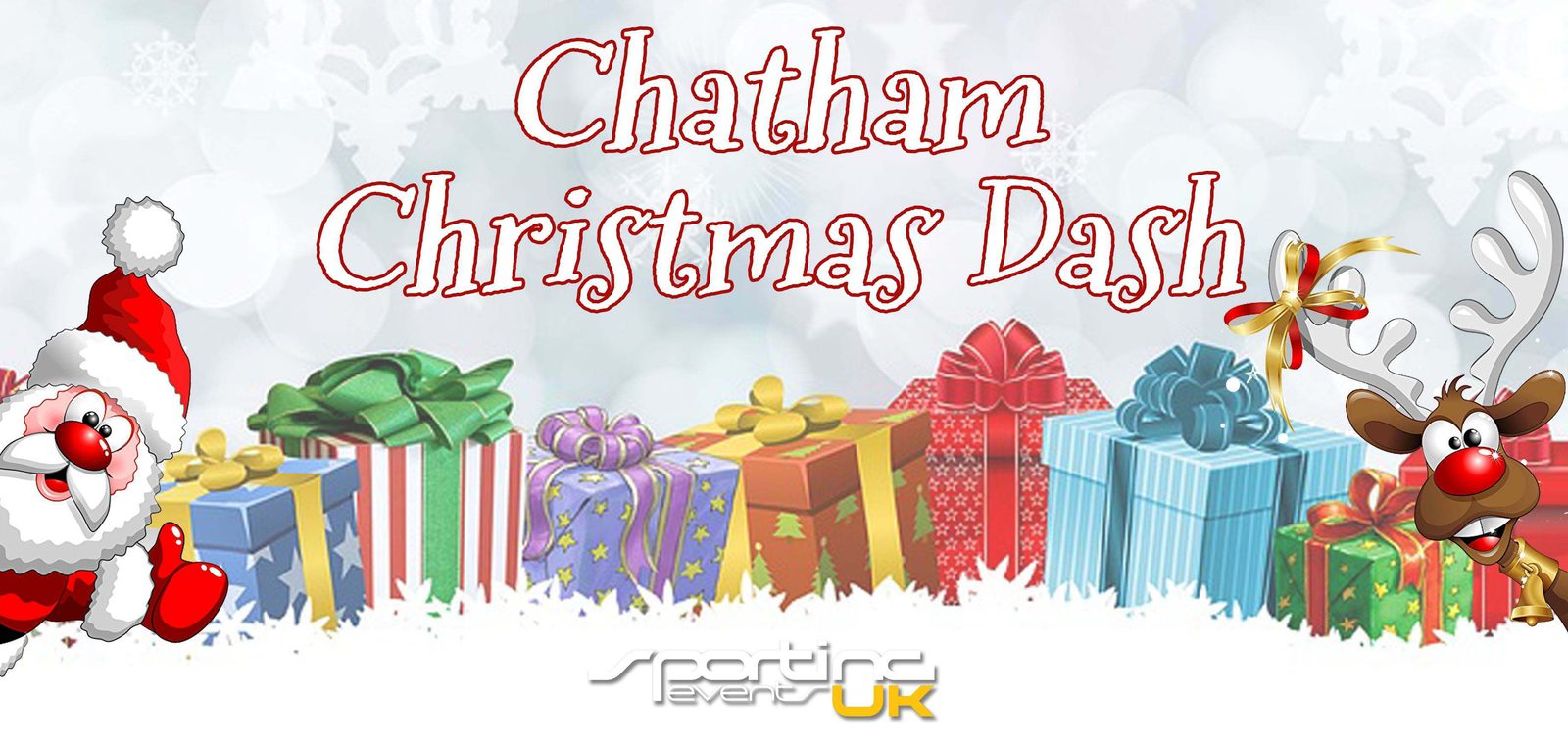A festive banner for the Chatham Christmas Dash. The background features snowflakes with colorful presents lined up at the bottom. Santa Claus is on the left, and a reindeer with red ornaments in its antlers is on the right. The Sporting Events UK logo is at the bottom.
