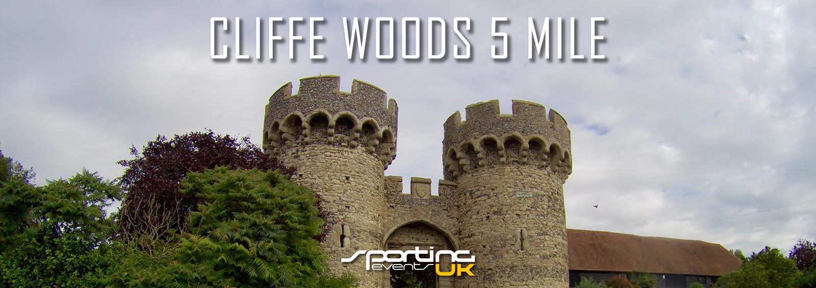 A stone castle with two cylindrical towers surrounded by greenery under a cloudy sky. The text "CLIFFE WOODS 5 MILE" is prominently displayed at the top, with "sportric events UK" at the bottom center.
