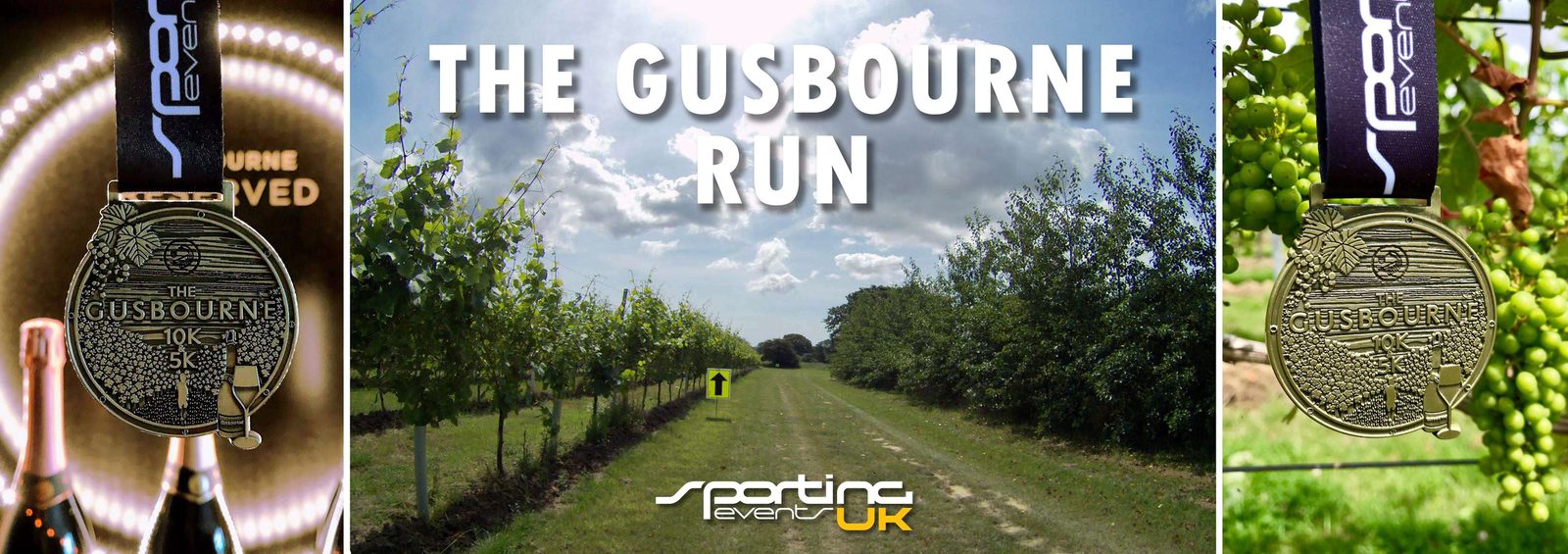 A promotional banner for "The Gusbourne Run" by Sporting Events UK. It features two close-ups of a race medal and a central image of a vineyard path under a blue sky. Text reads "THE GUSBOURNE RUN" and the Sporting Events UK logo is at the bottom.