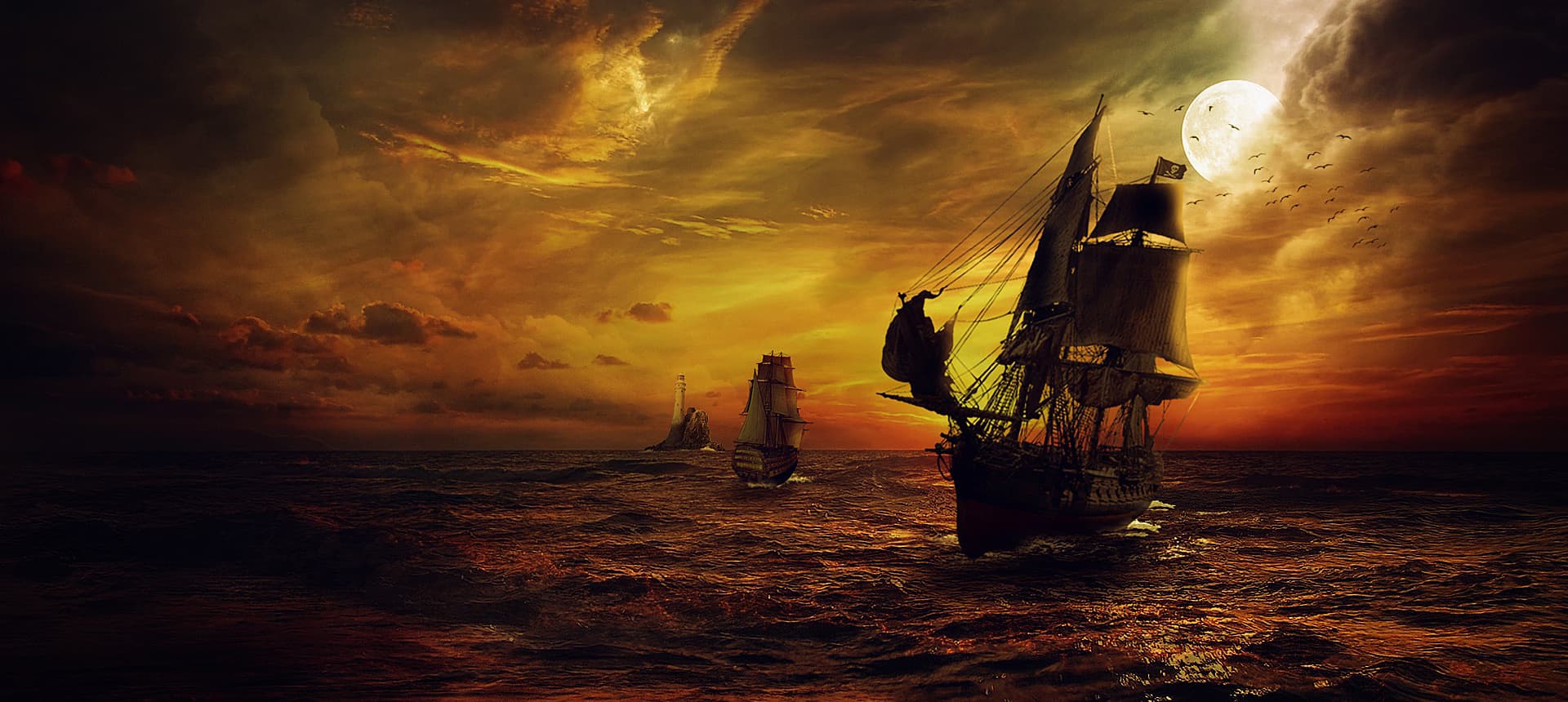 Two sailing ships navigate a turbulent sea under a dramatic sunset sky. The moon peeks through clouds, casting a glowing light. Birds fly in the distance near a distant lighthouse, creating a scene of adventure and mystery on the open water.