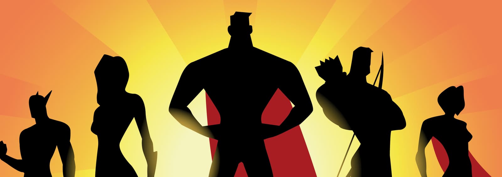 Silhouettes of five superheroes standing confidently against a vibrant sunset background with radiating beams. The central figure is highlighted and has a cape, suggesting leadership or prominence among the group.
