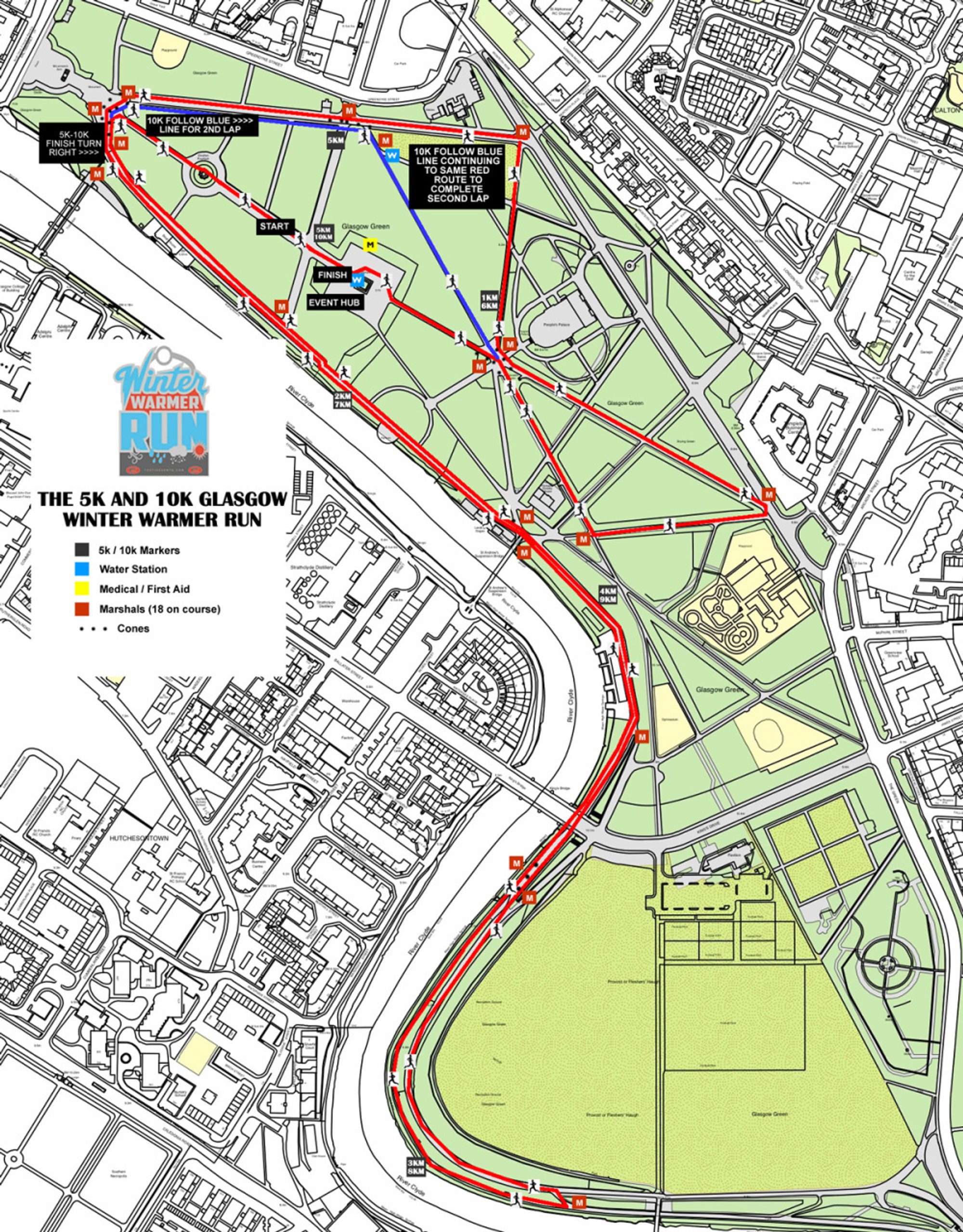 The Glasgow 5k, 10k and Half Marathon Winter Warmer Run course map