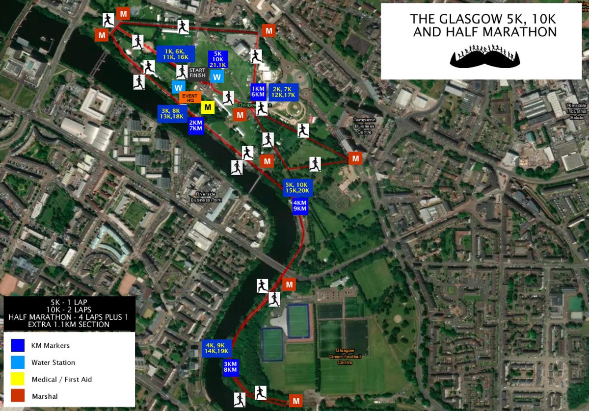 The Glasgow 1.5k, 5k, 10k & Half Marathon MoRun course map