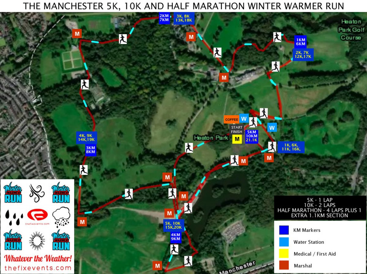 The Manchester 5k, 10k and Half Marathon Winter Warmer Run course map