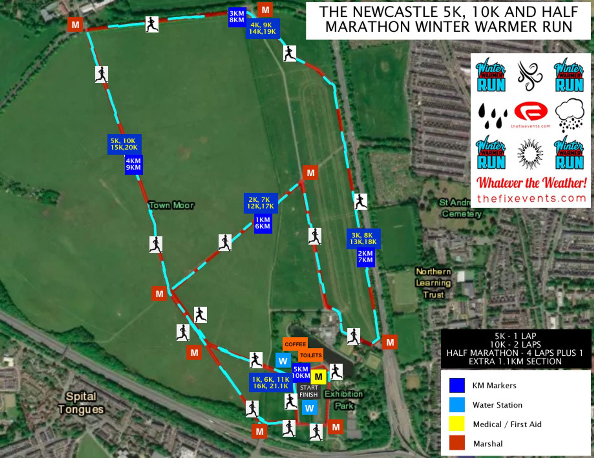 The Newcastle 5k, 10k and Half Marathon Winter Warmer Run course map