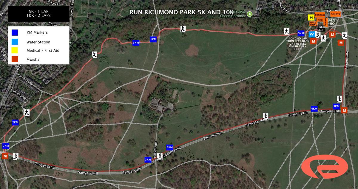 Richmond Park April 5k, 10k and Half Marathon course map