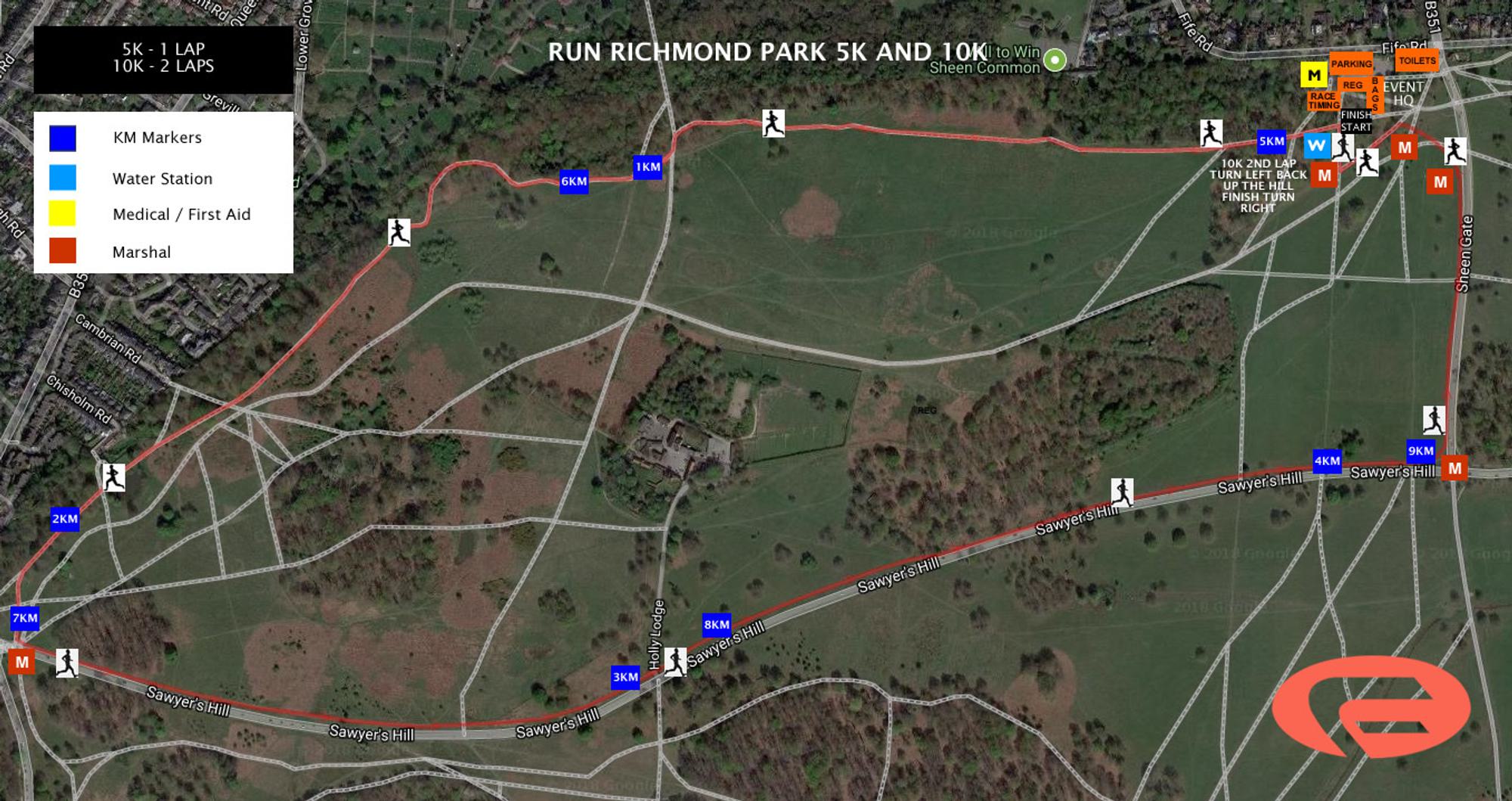 Richmond Park April 5k, 10k and Half Marathon course map