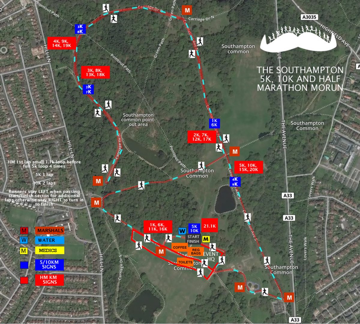 The Southampton 1.5k, 5k, 10k & Half Marathon MoRun course map