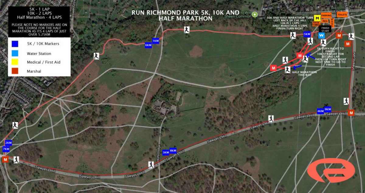 London 1.5k, 5k, 10k and Half Marathon MoRun course map