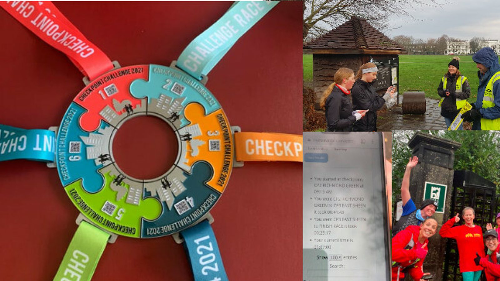 Collage: Circular medal with colorful arms labeled for each year of an annual race event, people discussing directions by park map, race participants posing by a park entrance, and a phone screen showing race details.