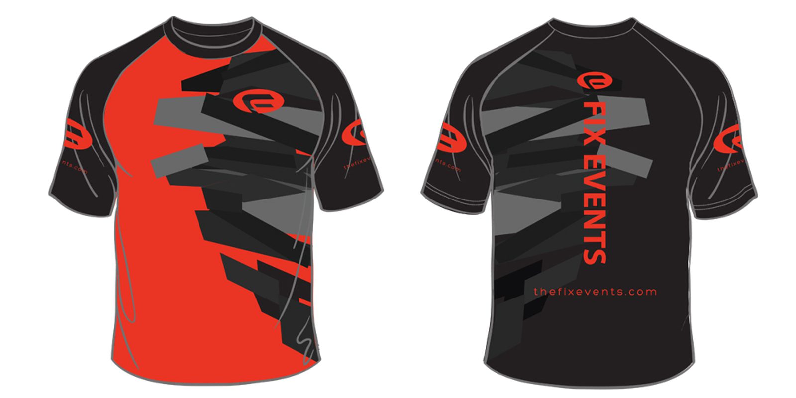 Short-sleeved athletic jersey featuring a red and black geometric design on the front and back. The jersey has logos and text that reads "fixEVENTS" along the back with additional small logos on the sleeves and sides.