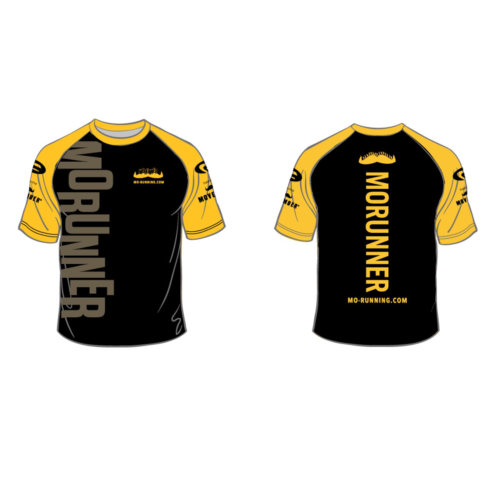 A running shirt with a black and yellow design, displaying the words "MORUNNER" vertically on the front and back. The back also features a web address "MO-RUNNING.COM" at the bottom and a yellow mustache design above it. Various logos appear on the sleeves.