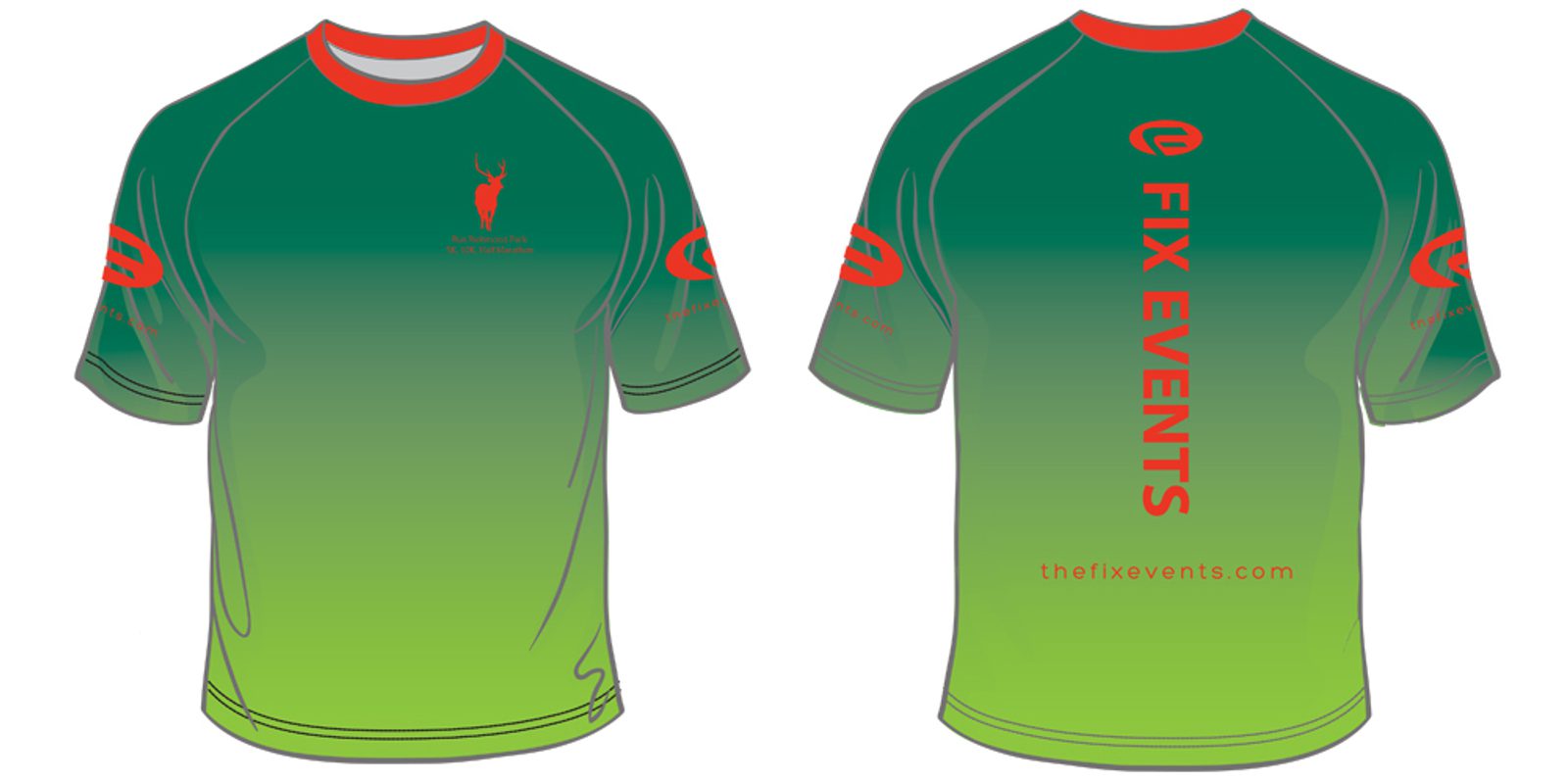 A two-sided image of a green and light green gradient athletic shirt. The front has a small red deer logo and text saying "PURBECK EXTRAVAGANZA." The back features larger red text "FIX EVENTS" vertically, a small logo, and "thefixevents.com" near the bottom.