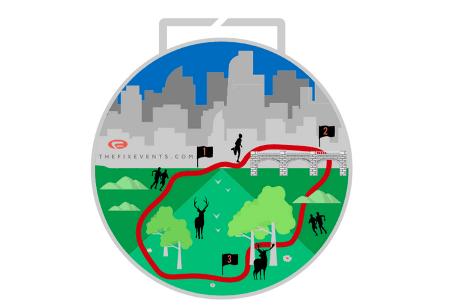 A race medal with an urban skyline in the background. A winding red racecourse path passes through various checkpoints, marked by silhouettes of runners and deer in a park setting. Thefixevents.com is written on the medal, with a silver ribbon at the top.