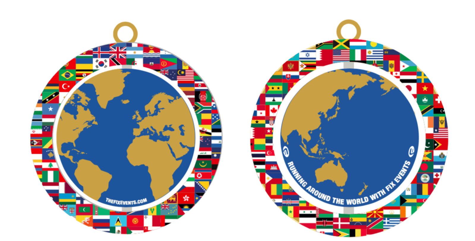 A circular medal features a map of the world with Europe and Africa on one side and Asia and Australia on the other. Both sides are bordered by a ring of international flags. The text on the edge reads, "Running Around the World with FLY Events.