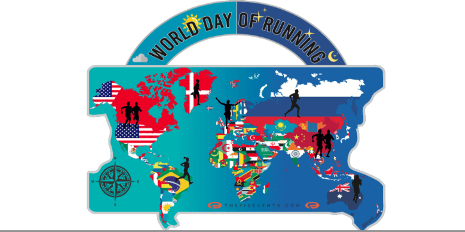 A colorful map of the world with various national flags superimposed over countries. Silhouettes of runners are scattered across different continents. Above the map, text reads "World Day of Running" with a sun and moon icon. A compass is shown in the bottom left corner.