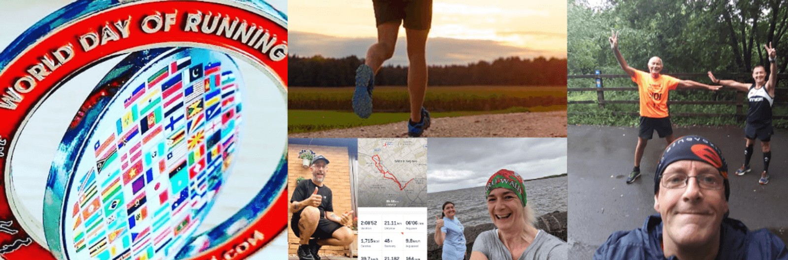 A collage of images celebrating World Day of Running. The images include a close-up of a medal with various country flags, a runner on a path at sunset, two people posing in running gear, another pair of runners by a railing, and a man taking a selfie in running attire.