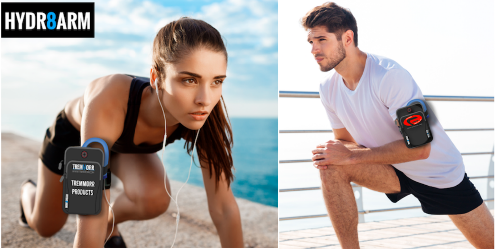 A woman and a man wear a HYDR8ARM hydration device on their arms during outdoor exercise. The woman is shown running near water, while the man is stretching on a boardwalk. The device is a black, handheld gadget secured with an arm strap.