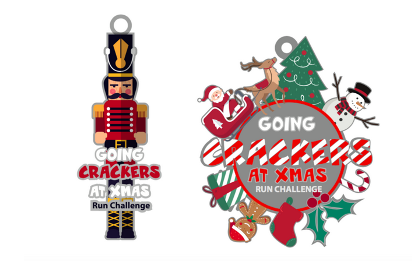 Two Christmas-themed medals for the "Going Crackers at Xmas Run Challenge." The left medal features a nutcracker soldier with the event name below. The right medal is a wreath adorned with festive characters like Santa, a reindeer, and a snowman surrounding the event name.