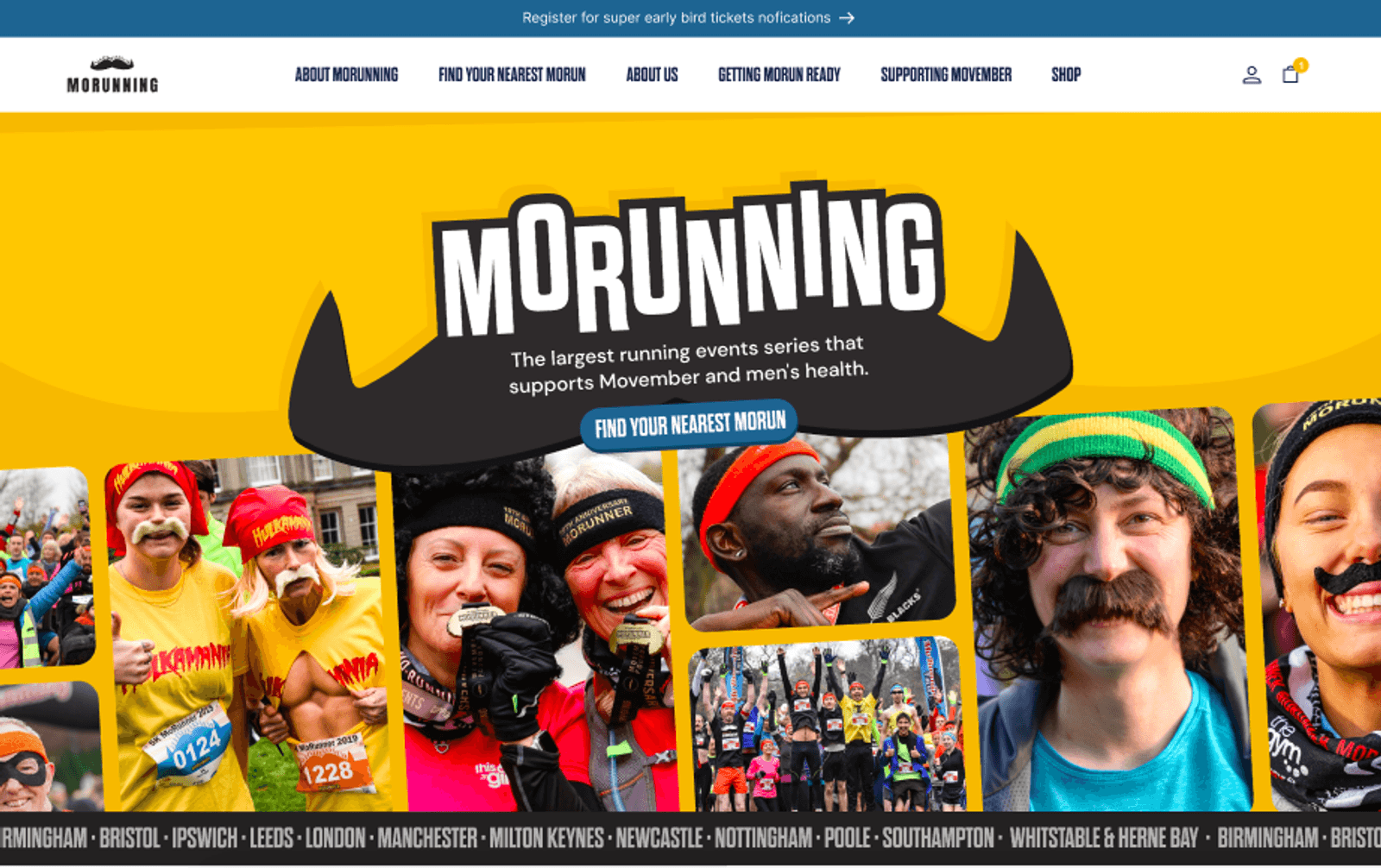 A colorful web page promoting MoRunning, featuring participants in various costumes and fake mustaches. "MoRunning" is prominently displayed along with a button to find the nearest event. The bottom shows a scrolling list of participating cities.